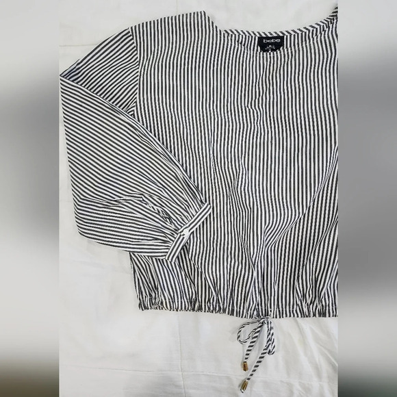 Bebe Gray White Stripes Long Sleeves Drawstring Tie at Waist Size M - Picture 4 of 10